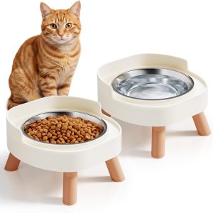 Elevated Cat Bowls, 2P Raised Cat Food and Water Bowl Set for Indoor Cats, Splash Proof with 2 Stainless Steel Pet Food Bowls for Cats ＆ Puppies, Whisker Friendly and Dishwasher Safe - White