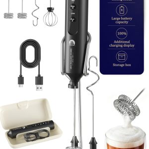Rechargeable Milk Frother with Stand, 4 Interchangeable Whisks & Travel Case – Handheld Mixer for Lattes, Matcha, Hot Chocolate, Eggs & Protein Shakes