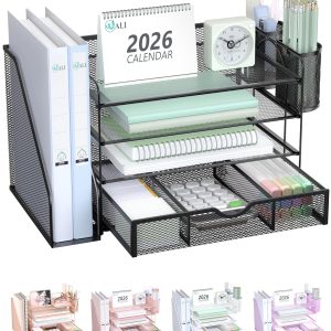 WALI Desk File Organizer, 4 Tier Desktop Paper Letter Tray Organizer with Drawer and 2 Pen Holders, Office Desk Accessories & Workspace Organizers for Office, Home Supplies(DO005DH-B), 1 Pack, Black