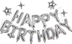 Silver Happy Birthday Balloons Banner Sign Mylar letter Party Decoration | Include Aluminum Foil Four、Five Pointed Star Suitable for Kids, Men, Women, Boys and Girls, Properly Stored and Reusable.