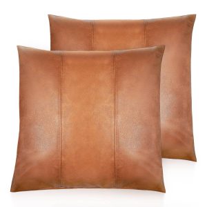 Faux Leather Throw Pillow Cover 18X18 Inch Set of 2 Brown Outdoor Modern Farmhouse Solid Decorative Pillow Covers for Room Couch Living Bedroom Bed Sofa