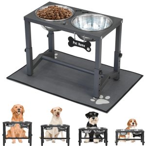 Elevated Dog Bowls, 4 Height Adjustable Metal Raised Bowl Stand with 2 Thick Stainless Steel Food Bowls & Spill-Proof Mat, Adjusts to 13.6'', 12.2'', 10.9'', 9.5'' for Large/Medium Breeds