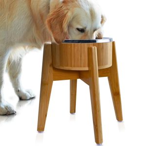 Dog Bowls Elevated for Large Dogs - 15-Inch Bamboo Stand - 74oz | Raised Food Water Bowl 304 Stainless Steel, Slanted Bamboo 4-Leg Stand, Collapsible with Non-Slip Rubber Feet