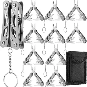 Lasnten 10 Sets Multitool Pliers Stainless Steel Foldable with Pouch,Gray | Bottle Opener Screwdriver Tool, Portable Keychain Camping Outdoor, Oxford Cloth Case Included, Great Gift for Men Dad