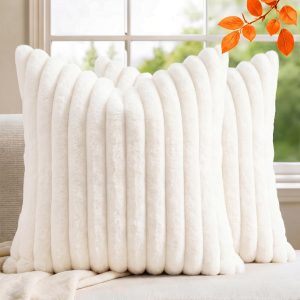 Pack of 2 Throw Pillow Covers 18x18 Decorative Solid Plush Faux Fur with Soft Velvet Back, Square Striped Cushion Cases Modern Farmhouse Home Decor for Living Room Couch Sofa Bed Cream White