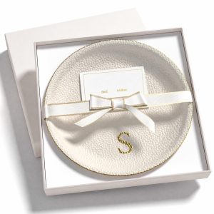 Initial Jewelry Dish for Women, Shatterproof Vegan Leather Ring Holder with Stainless Steel Core, Personalized Monogram Trinket Tray, Birthday Bridesmaid Gift with Box (Cream Letter S)
