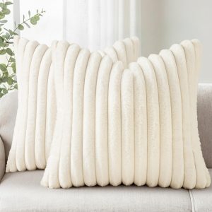 Simmore Faux Fur Striped Cream White Throw Pillow Covers 20x20 Set of 2 | Fall Soft Plush Decorative Ribbed Cozy Modern Farmhouse Pillow Covers Velvet Back for Couch Sofa Bed Living Room