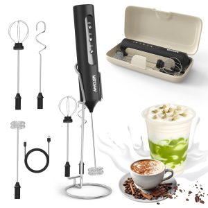 AMOSA Milk Frother Handheld with Stand & Case, 3-Speed & 3 Whisks | Rechargeable Handheld Milk Frother Wand for Latte, Milk, Cream, Egg, Coffee, Cappuccino