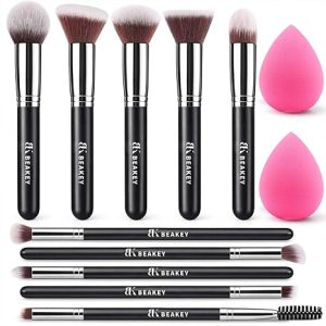 BEAKEY Makeup Brushes set with 2 Blending Sponges,10 Brush Face and Eye Set | Beginner-friendly face and eye tools with soft synthetic fibers for light,buildable coverage from foundation to eyeshadow