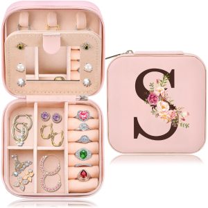 Inngeroo Travel Jewelry Case Box Organizer Personalized Gifts for Women | Mothers Day Mom Gifts for Aunt Sister Wife Daughter Grandma, Bridesmaid Gifts Traveling Essentials, Initial S