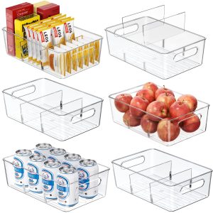 Mpotmiy 6-Pack Pantry Organizers and Storage, Clear Fridge Organizer Bins | Clear stackable plastic bins with removable dividers for packets, snacks, pouches and spices in pantry, fridge or freezer.