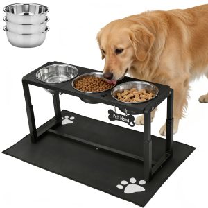Metal Elevated Dog Bowls for Medium/Large Breed, 3 Adjustable Height(8.8''/11.5''/14'') Raised Dog Bowls Stand with Three 58oz Large Stainless Steel Dog Bowls, with The Splash pad