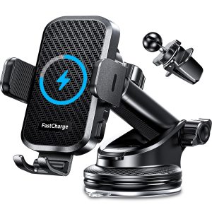 Wireless Car Charger with Phone Holder Mount, 15W Fast Charging Auto Clamping Phone Holders for You Car Windshield Dashboard Air Vent Accessories for iPhone, Samsung Galaxy, Google, etc