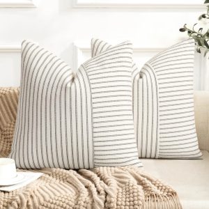 YCOLL Farmhouse Pillow Covers 20x20, Modern Accent Square Throw Pillow Covers Set of 2, Gray and Beige Striped Patchwork Linen Decorative Pillows Cushion Covers for Couch Chair Bedroom Home Decor