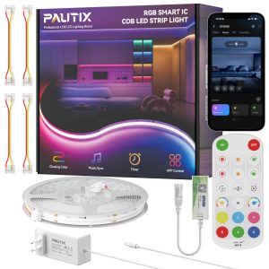 PAUTIX COB LED Strip Lights Pro, UL-Listed RGB Smart IC Chasing Color Addressable COB LED Tape Light, Music Sync Flexible RGB LED Lights, Smart Strip Light, for Party, Bedroom, Color Changing, 20ft