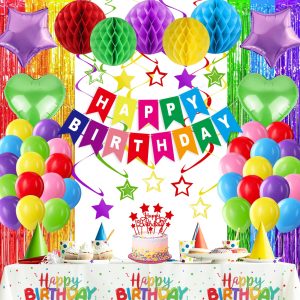 Colorful Birthday Party Decorations Rainbow Happy Birthday Banner Honeycomb Balls Fringe Curtain Foil Balloons Hanging Swirls Cake Topper Tablecloth Party Supplies for Girls Boys Kids Women Men