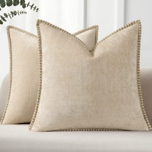 Pallene Chenille Soft Natural Beige Throw Pillow Cover 18x18 Set of 2 | Fall Decorative Velvet Pillow Covers with Stitched Edge, Modern Cozy Farmhouse Pillow Cases for Couch Bed Sofa