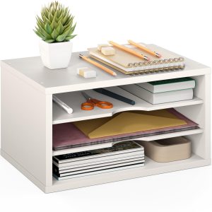 Ballucci File Organizer, 3-Tier Document Paper Sorter, Stackable Wood Desk Organizer, Mail Sorter and Monitor Stand with Storage Shelves, White