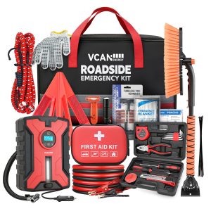 Car Emergency Safety Kit Bag with Portable Air Compressor, Jumper Cables,First Aid Kit, Winter Vehicle Roadside Emergency Kit with Snow Brush and Ice Scraper, for Women, Men, Teen