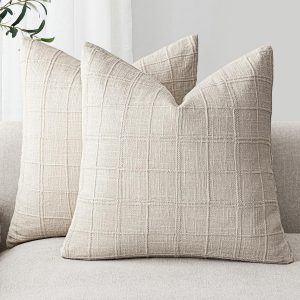 Foindtower Linen Check Decorative Throw Pillow Covers 20×20 Natural Beige | Set of 2 Neutral Farmhouse Textured Cushion Cover,Modern Boho Home Decor,Soft Covers for Sofa Chair Couch Bedroom Living Room