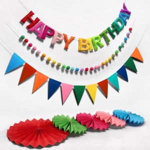 Rainbow 3D Happy Birthday Banner, Pre-Strung Felt Party Decorations | Ready-to-Hang 3D Felt Set, Includes Ball Garland, Pennant Flags & Fans, Durable & Reusable, Ideal for Boys, Girls & Adults