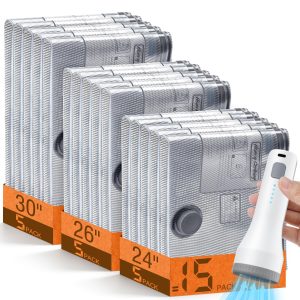 15 Pack Vacuum Storage Bags for Travel with Cordless Pump, Space Saver Bags for Clothes, Compression Packing Bags for Luggage, 15 Combo Size