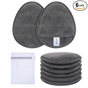SINLAND Reusable Makeup Remover Pads Grey 6 Pack | Reusable Microfiber Gentle Facial Cleansing Cloths,Soft Makeup Remover cloth With Laundry Bag,for All Skin Types Friendly