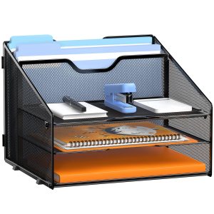 GAWERK Desk File Organizer Paper Letter Tray File Holder Office Rack, Black | Paper Tray Organizer, File Organizer for Desk, Metal Mesh Office Organization with 3 Paper Trays and 2 Vertical Section