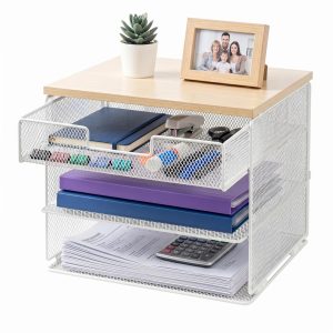 4-Tier Mesh Desk Organizer and Accessories with Drawer Wooden Top Desktop Organizers Letter Tray Paper Organizer File Holder for Home Office School White