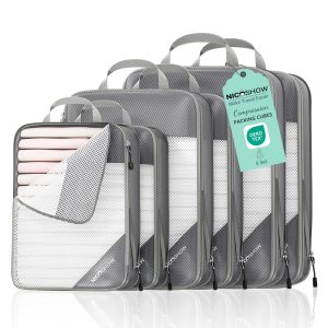 NICOSHOW 6 Set Compression Packing Cubes for Travel - Compressible, Lightweight, and Space-Saving Packing Cubes, Travel Essentials for Women, Grey
