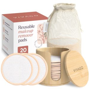VIVAGO Reusable Cotton Rounds for Face - 20 Pack | Reusable Makeup Remover Pads with Washable Drawstring Laundry Bag & Bamboo Holder