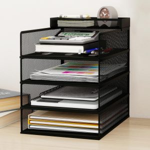 Natwind 4-Tier Stackable Metal Mesh Letter Paper Tray Organizer,Black | Desk Organizer For Paper,Document,Mail Tray For Office Supplies,File Holder For Home Office School Classroom Organization