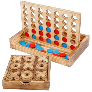 Glintoper Tic Tac Toe & 4 in a Row Tables Game Set, Classic Board Line Up 4 for Living Room Rustic Table Decor and Use as Game Top Wood Guest Room Decor Strategy Board Games for Families