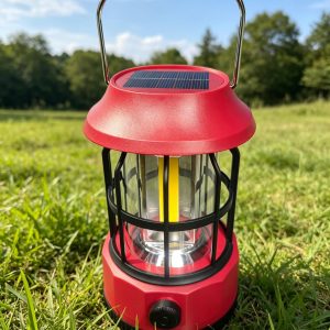 Rechargeable Solar Camping lamp 1 lamp 2 Mode Portable Electric Tent lamp Hands-Free Flashlight Lantern, 1200mA Battery LED Power-Off lamp（red）