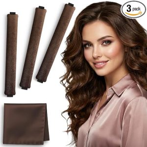 VISOFO Heatless Curls Overnight, Rods for Blowout Look, 3 Set, Brown | Long Hair Rollers Blow Out Curling Rod No Heat Flexi Foam Tubes Silk Satin Velvet Soft Curlers to Sleep In Tools