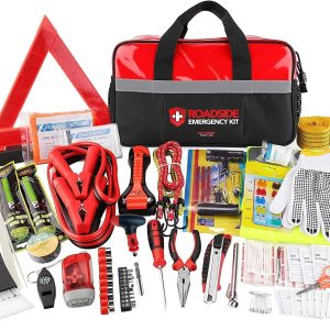 Kitgo Car Emergency Kit,Premium Roadside Assistance Essentials with Jumper Cables, Flashlight, Shovel, Screwdriver Set - Ideal Auto Road Safety Kit, Survival, Truck, RV and More Gift for Father (Red)