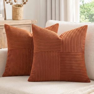 Fancy Homi 2 Packs Rust Boho Decorative Throw Pillow Covers 18x18 Inch for Couch Bed Sofa, Farmhouse Fall Home Decor, Soft Corss Corduroy Patchwork Textured Terracotta Accent Cushion Case 45x45 cm