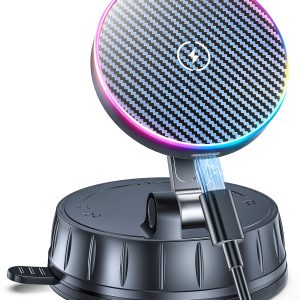 15W MagSafe Car Charger Mount, Magnetic Wireless Car Phone Holder with Dual Input Port, Vacuum Suction & Nano Adhesive Base, 360° Rotation Stable Car Charging Stand for iPhone 12-17, Samsung S26