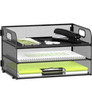 DALTACK 3 Tier Paper Organizer for Desk, Sliding Paper Trays, Black | 3 Tier desk organizer and paper tray with handle and for A4 sheets, files, mail and folders in home offices or classrooms