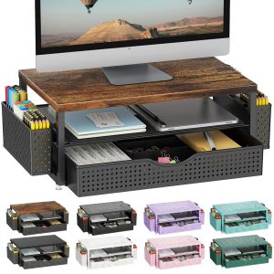 gianotter Desk Organizers and Accessories, Monitor Stand with Drawer and 2 Pen Holder, Desktop Organizer Suitable for Offices and Dormitories (Wood-Plain)