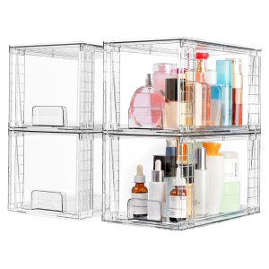 Vtopmart 4 Pack Large Stackable Storage Drawers, Clear | Easily Assemble Bathroom Closet Undersink Organizers and Storage Kitchen Cabinets,Pantry,Makeup,Medicine Organization