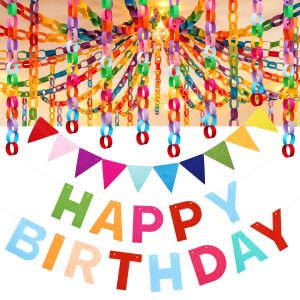 Rainbow Happy Birthday Banner Felt Flag Bunting with 300 Pcs Paper Chains | Double Sided Tape, Reusable Flag Garland Birthday Sign, Colorful Party Decorations, for Women Men Girls Boys, Crafting DIY