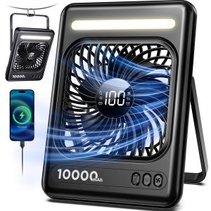 10000mAh Portable Travel Fan, 5 Speeds Strong Wind Cruise Fan with LED Lantern, 24H Runtime Personal Rechargeable Fan, 2/4/6/8H Timer, Ultra-thin Quiet Desk Fan for Camping, Office, Bedroom, Beach