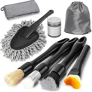 8PCS Car Detailing Brush Set, Interior Car Cleaning Kit with Dash Duster | 4 Detailing Brushes (Soft to Hard), Microfiber Towel, Cleaning Gel, for Vents, Dashboard & Leather Seats