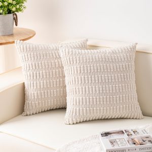 Pack of 2 Corduroy Decorative Throw Pillow Covers 18x18 Inch, Cream White | Fall Soft Striped Pillow Covers Modern Farmhouse Home Decor Christmas Throw Pillow Covers for Sofa Living Room Couch Bed