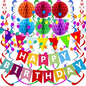 Fecedy Happy Birthday Banner With Colorful Paper Flag Bunting Paper Circle Confetti Garland Swirl Streamers Honeycomb ball for Birthday Party Decorations