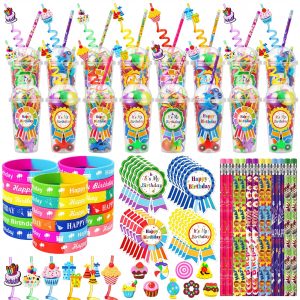 Baderke 24 Sets Classroom Birthday Cup Gifts for Students,Birthday B | Reusable Cups with Dome Lids Straws, Pencils Erasers Silicone Bracelets Stickers, Goodie Bags for Students from Teacher