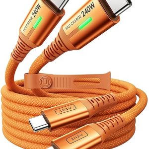 INIU 240W USB C to USB C Cable, [6.6ft+6.6ft] Fast Charging Type C, Orange | Nylon Braided, Fast Charging, LED Indicator, USB-C Data Transfer, for iPhone 17 16 Pro, MacBook Pro, iPad, Samsung S26 etc