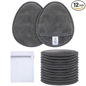 SINLAND Reusable Makeup Remover Pads Grey 12 Pack | Reusable Microfiber Gentle Facial Cleansing Cloths,Soft Makeup Remover cloth With Laundry Bag,for All Skin Types Friendly