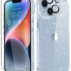 MIODIK for iPhone 14 Case Clear Glitter Design, Sparkle Clear | with Screen Protector + Camera Lens Protector, Protective Shockproof Phone Case, Slim Women Girls iPhone 14 Cover 6.1"